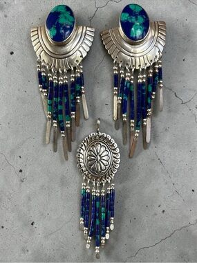 Azurmalachite Sterling Silver Earrings & Concho Pendant Set